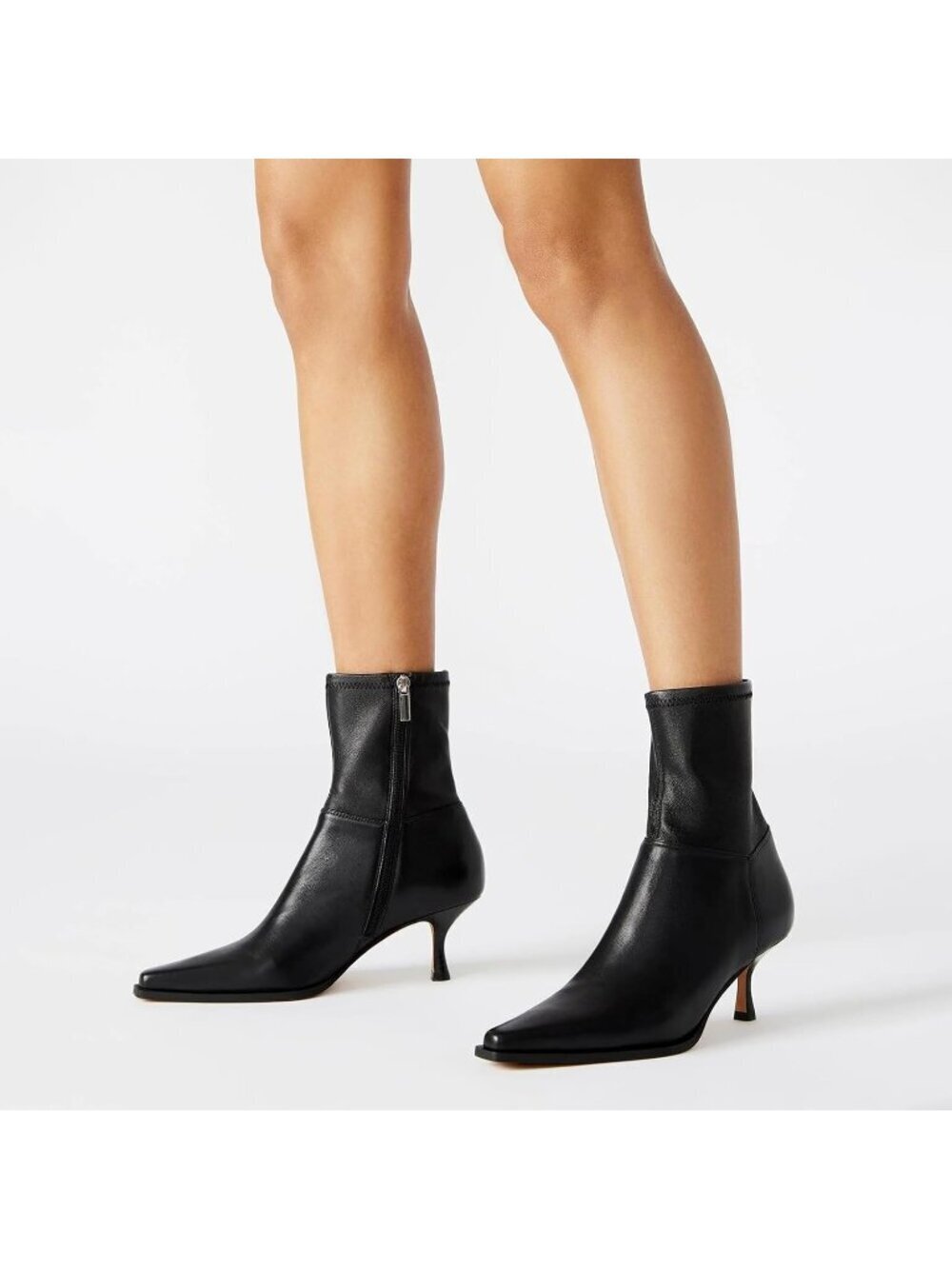 Women's Black PU Boots with Side Zip Ankle Mid Calf Pointed Toe Kitten Heel - Picture 2 of 6